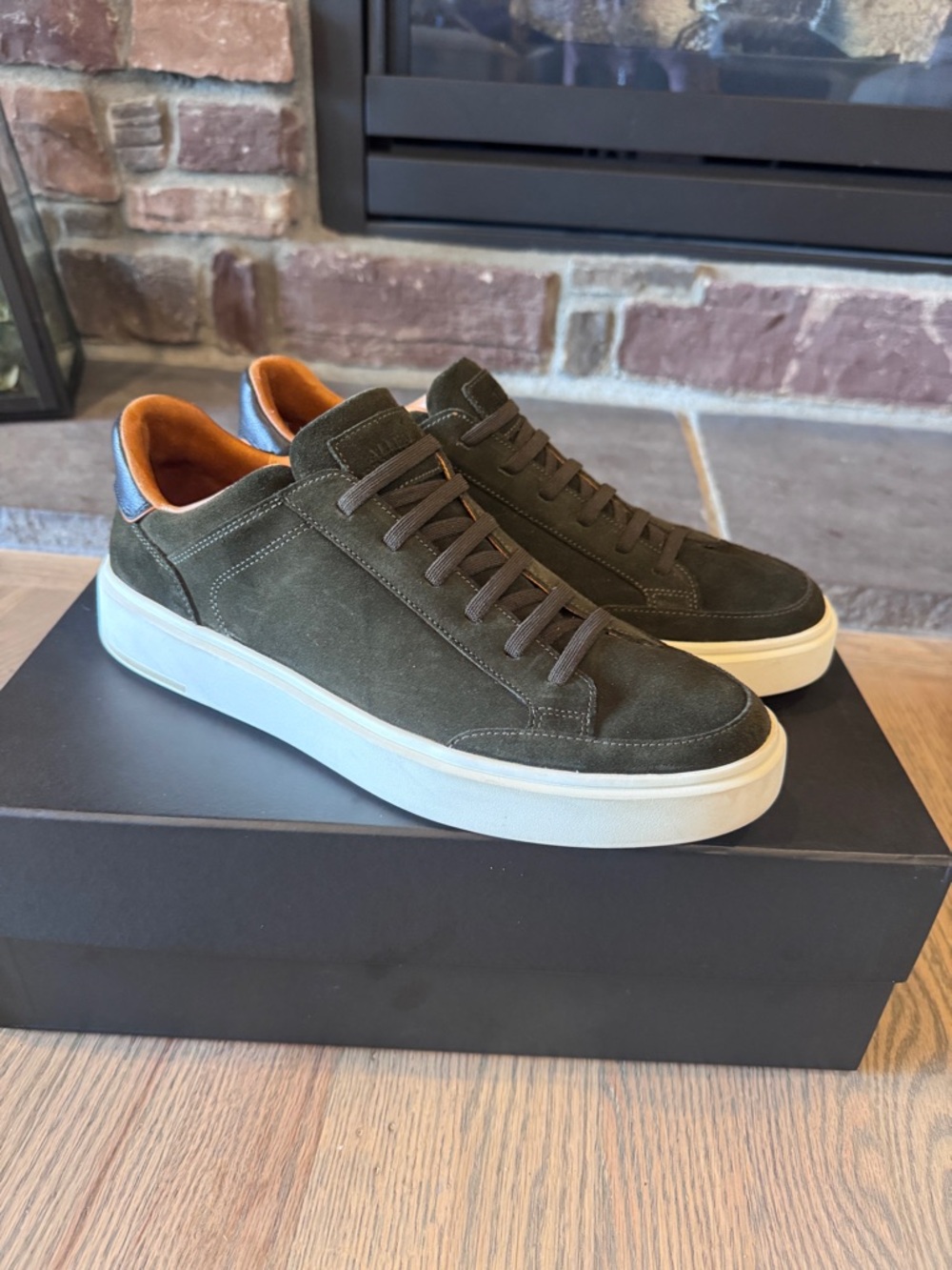 Allen Edmonds Olive Green Suede Low-Top Sneakers with White Sole